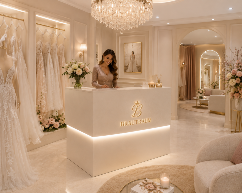 Eleganter Brautmodenladen mit Empfangstresen und Hochzeitskleidern im Hintergrund.