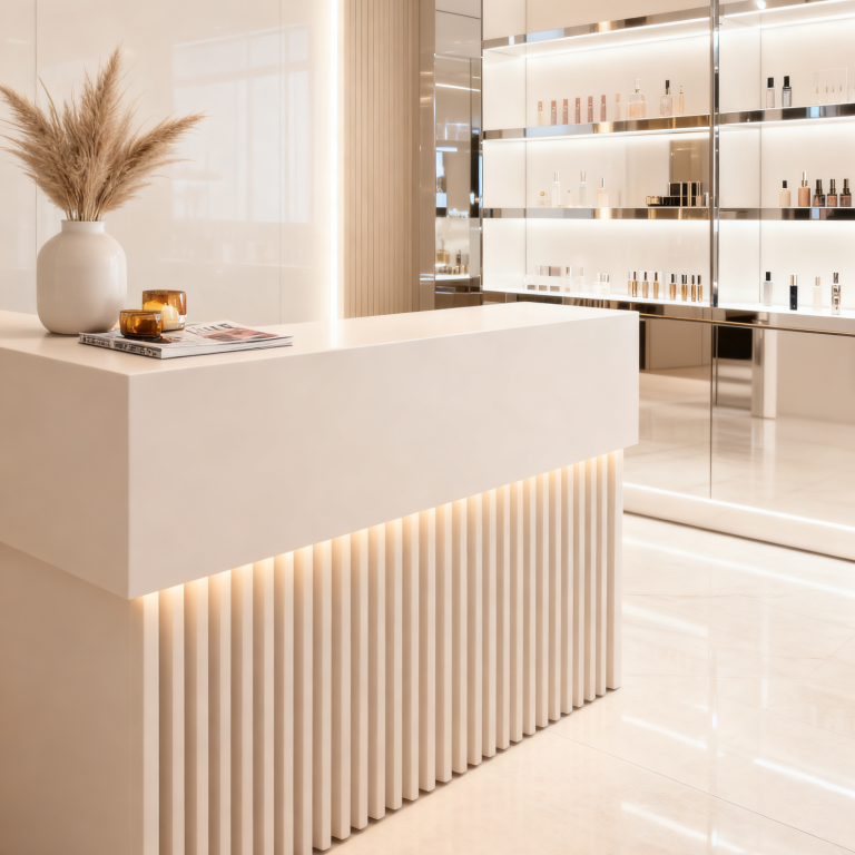 Moderner Empfangstresen für Beauty Studio mit Holzlamellen Design