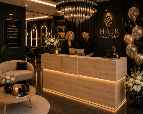 Moderne Friseursalon mit eleganter Empfangstheke, Pflanzen und Dekoration in goldenen Tönen.